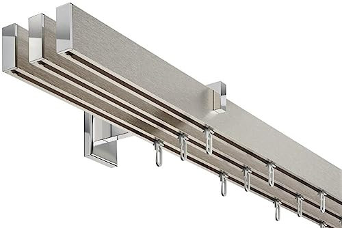 DécoProfi Gardinenstange Innenlauf 3-läufig Set Long rechteckig Silber Eloxiert/Verchromt I Länge: 160cm Aluminium für Wandmontage I Als Gardinenschiene & Vorhangstange geeignet