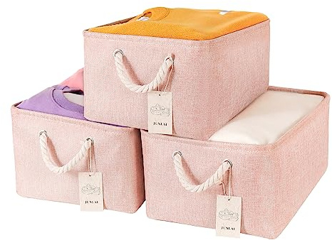 JUNLAI 3 Stück Aufbewahrungskorb Stoff mit Griffen, Faltbare Kleine Rosa Aufbewahrungsboxen, Kleiderschrank Aufbewahrungskörbe für Büro & Haus, Buch, Kleidung, Spielzeug (Rosa, Klein)