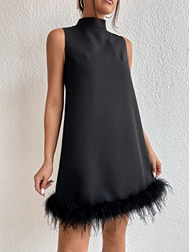 Women's 2023 Summer Short Dress Stand Neck Fuzzy Trim Dress Sleeveless Casual