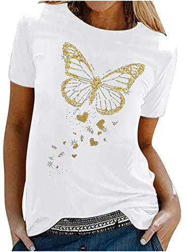 Tshirt Damen Oberteile mit Gold Schmetterlings Print Rundhals Kurzarm Bluse Lässige Tees Pullover Frühlings Herbst Basic Shirt All Match Tunika Tops Geschenk für Teenager Mädchen Pulli Streetwear