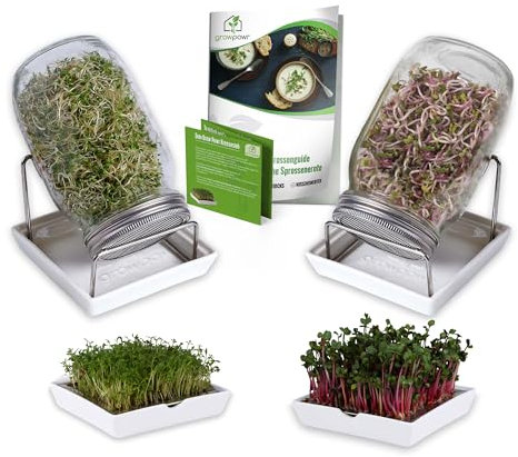 growpowr® Vital Indoor-Garten→ 𝟐𝐱 Kresse Anzuschalen mit Kressesieb + 𝟐𝐱 950ml Keimglas mit Keramikschale - inkl.Sprossenguide (Anleitung,Tipps,Rezepte) (Starterpaket)