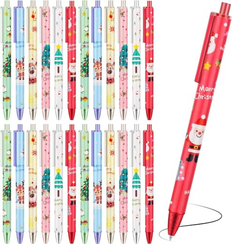 LATERN 60 Pezzi Penne a Inchiostro Gel Natalizie, 6 Stili Penna a Sfera Retrattile 15CM Albero di Natale, Pupazzo di Neve, Renna Babbo Natale, Roller Riempitivi per Calze e Bomboniere