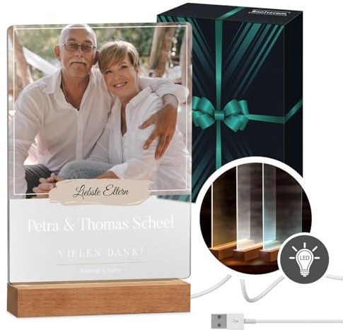 Maverton beleuchteter LED-Fotoaufsteller mit Echtholzsockel - personalisiertes LED-Acrylglas mit eigenem Foto für Paare - Glasbild zur Hochzeit zum Valentinstag - Größe: 21x32x4,5cm - Eltern