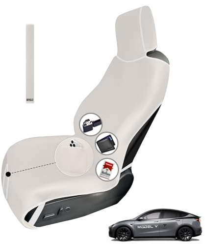 1Pc Upgrade Widened Waterproof Car Seat Cover Front for Tesla Model 3/Y/S/X, Neoprene Auto Seat Protector Towel Washable Nonslip with 3 Buckle Straps, 1 Shoulder Belt and Storage Pouch (Ivory White)