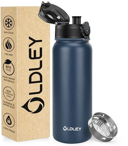 OLDLEY 600ml/20oz Edelstahl-Wasserflasche, Doppelwandige Vakuumflasche, Hält Getränke Heiß und Kalt, Auslaufsicher, BPA-frei, Metallisolierte Wasserflasche für Sport, Arbeit, Outdoor, Wandern