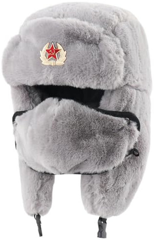 Reyox Unisex Fliegermütze Winter Russische Mütze Kunstfellmütze Winddicht mit Abnehmbarer Gesichtsmaske Grau 1