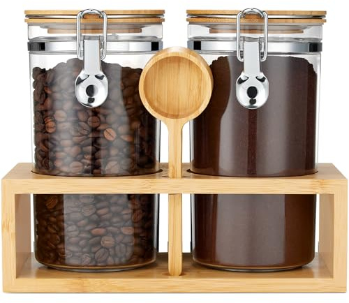 Yangbaga 2Pcs Coffee Sugar Canisters with Shelf, 38OZ Plastics Storage Containers for Ground Coffee Bean Storage with Lid Airtight Locking Clamp and Coffee Scoop, Food Storage Jar for Kitchen