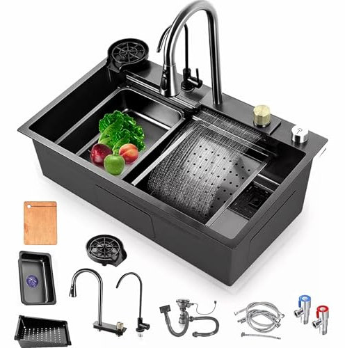 Spülbecken Multifunktions Wasserfall-Spüle, Praktische Spüle Einbauspüle, küchenspüle schwarz edelstahl mit armatur Geeignet für Bars, Balkone, Wohnungen, Küchen (Dunkelgrau,68 * 45cm)