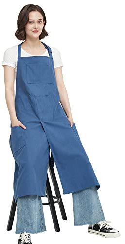 Jaspfct Pottery Apron with Split Leg, Long Unisex Artist Aprons with 3 Pockets for Ceramics & Clay MD028-Bluen