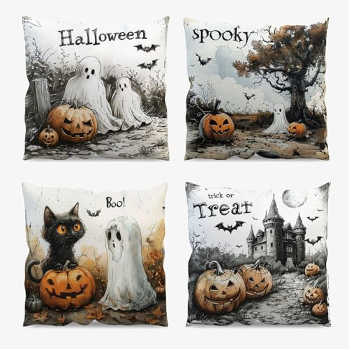 AIBIIN Lot de 4 housses de coussin d'Halloween 45 x 45 cm, citrouille, fantôme, chat, chauve-souris, château, trucs ou friandises, housses de coussin en lin pour maison, canapé, salon, bureau,
