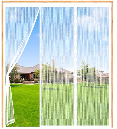 Magnetic Fly Screen Door White, 120(40/40/40) xx200cm Magnetic Door Curtain for Keeping Out Flies for Double Doors, Magnets Door Net to Keep Bugs Out, for Patio Door, Sliding Door, French Door