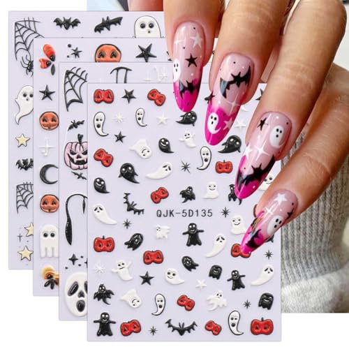 JMEOWIO 3D Nagelsticker Halloween Nail Art Sticker Selbstklebend Nagelaufkleber 5D Stereoskopisch Süßer Geist Dekoration Nageldesign Zubehör 4 Blatt