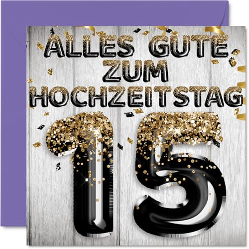 Stuff4 15. Hochzeitstag Karte Liebe, Schwarz Gold Glitzerballons | 15 Jahrestag Karte Hochzeitstag Geschenke für Mein Mann Ehemann Meine Frau Ehefrau, 145mm Glückwunschkarten