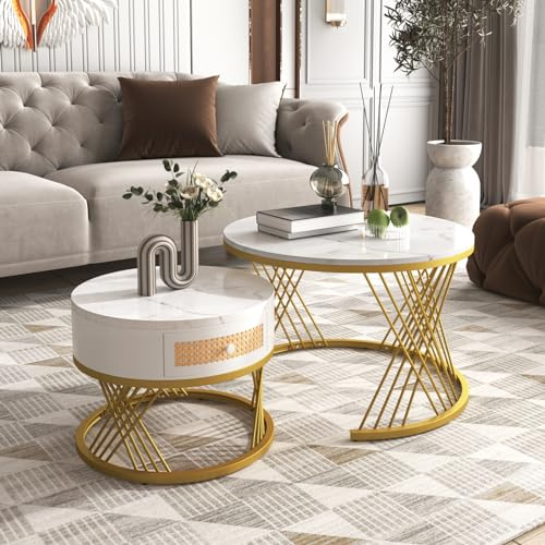 BRILVERDE Runder Couchtisch im 2er-Set, Beistelltisch mit Marmormuster und goldenem Metallrahmen, Sofatisch mit Rattanschubladen für Wohnzimmer, Balkon, Büro, 70 x 70 x 46 cm (weiß+Gold)