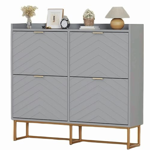 UEV Schuhschrank mit 4 Klappen,100x24x103,5cm Schuhkipper Schmal,Schuhkommode Flur Wohnzimmer Eingangsbereich,Schuhaufbewahrung mit Kippschutz,Trennwände verstellbar für Verschiedene Schuhtypen,grau
