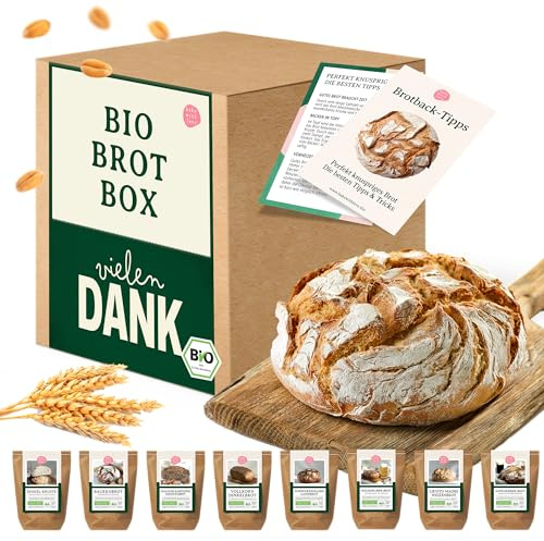 Bio Brotbackmischungen Geschenkkorb „Vielen Dank“– Ideal als Danke oder Dankeschön Geschenk für Freunde & Familie – 8 Sorten zum Selberbacken für Brotbackautomaten & Ofen – Bake with Love