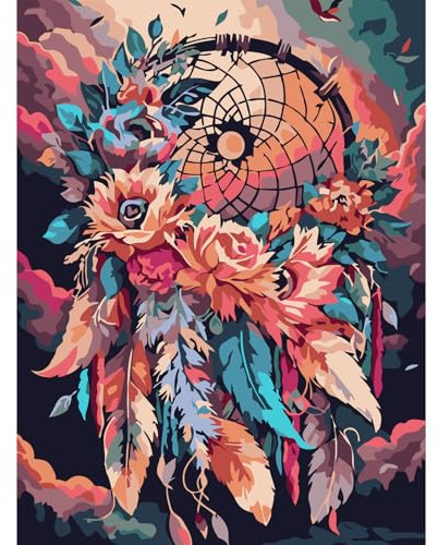 Modojuny peinture par numéros pour adultes et enfants - Paint by Numbers Kit avec peintures acryliques et pinceaux – Cadeau et décoration murale - Filet de rêve 30 x 40 cm (sans cadre) - 9 ans et plus