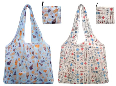Long Keeper 2 Pezzi Borsa Spesa Pieghevole Borsa Tracolla Grande Riutilizzabile Lavabili Sacchetti Tote Portatile Viaggio per Shopping Picnic Spiaggia