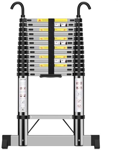 Scala telescopica 4,7 m, pratica scala con ganci e stabilizzatori, regolabile in altezza, per la cura quotidiana, giardino, roulotte, ecc.