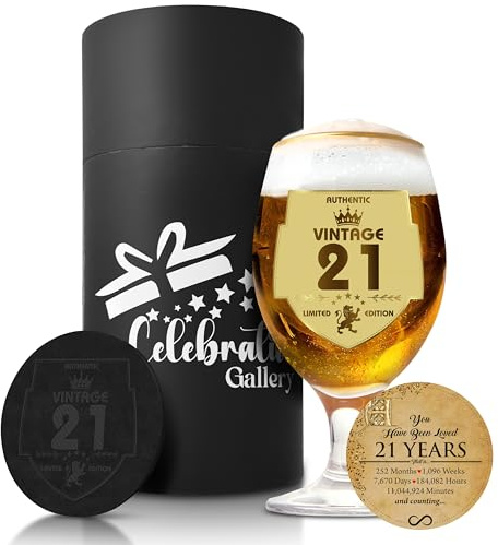 Celebration Gallery Beer Glasses Gifts – Personalised Gifts Custom Mug with Leather Coaster – 400ml Pint Glasses Beer Gifts for Men – Food-Grade Glass Mugs for Men in Elegant Gift Box (21ST)