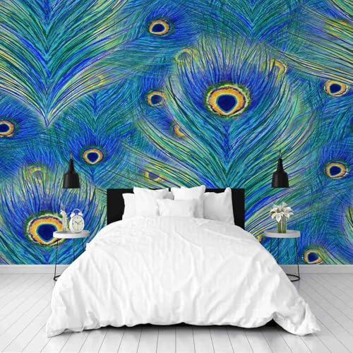 Papier Peint Salle de Bain Coloré Plume de Paon Papier Peint 3D Abstrait Imprimé Animal Geant Mural Intissé Imperméable pour Salon Chambre Cuisine Film pour Murale Poster Décoration 450x315 cm