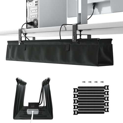 Putilsen Mount Desk Cable Management Tray No Drill, 36 Under Desk Cable Organiser with Clamp/Screw Mounting, Stable & Water Resistant Fabric Cable Holder for Home and Office, Black