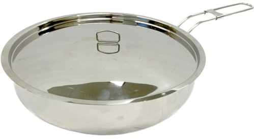 Bayou Classic 10-inch Stainless Steel Skillet with Lid, Folding Handle, Outdoor and Camp Cooking, 304 Steel, Heavy Base