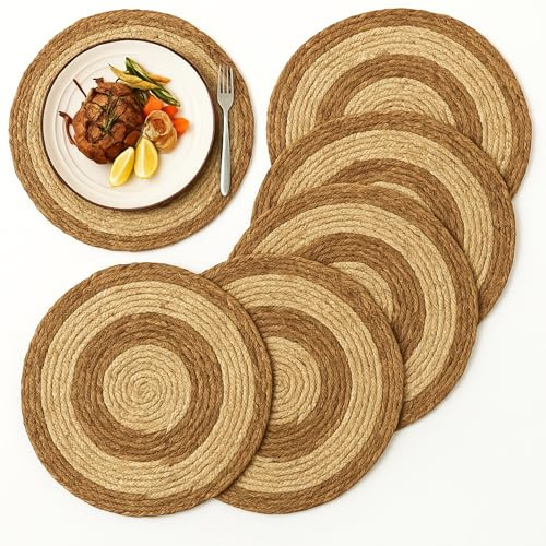 Salvamantel Mimbre Redondo circulos, Mantel Individual, Bajoplatos Redondos, Bajoplatos Mimbre, Apto para el hogar y restaurantes, Resistente al Calor, Diámetro de 35 cm, Pack de 6 Salvamanteles
