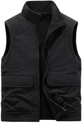Herrväst med flera fickor – utomhus vardaglig lätt fleece-väst, quiltad tjock vindtät ärmlös väst jacka, lätta puffervästar med fickor, mäns funktionella utomhusytterkläder, Svart, L