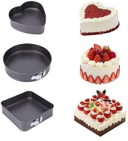 DQZSY Set di 3 stampi per torte, antiaderenti, a prova di perdite, con fondo rimovibile, accessori da forno versatili, quadrati, rotondi, a forma di cuore