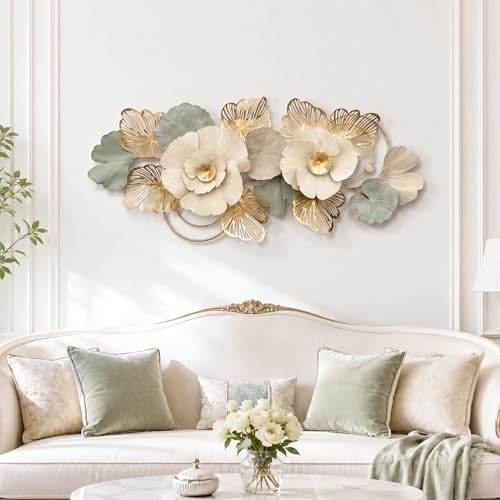 Generisch Metall Wanddeko Wohnzimmer,3D Blumen Design,130×60cm | Einfache Montage,Handgefertigte,Horizontal & Vertikal Hängbar,für Schlafzimmer,Büro,Flur,Hausdeko