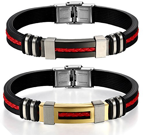 JewelryWe Bracciale da uomo classico in acciaio inox nero in caucciu' con corda di cuoio intrecciata Gomma Pelle Senza pietra