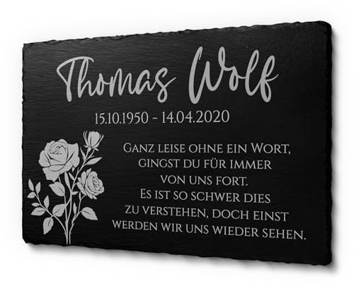 Grabstein Gedenkstein aus Schiefer - Exklusiv: Wetterfester Gravurschutz! Grabplatte mit Gravur - Gedenktafel für Menschen personalisiert | Grabschmuck Grabdeko Liegeplatte Urnengrab