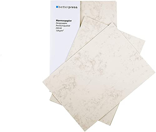 Betterpress® 100 Blatt Briefpapier Marmorpapier chamois 120g, A4 – Beidseitig Marmoriertes Papier in hochwertiger Qualität – Premium ideal als Speisekarte, Zertifikat und Urkunde zum selber drucken