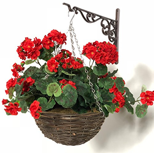 Primrose Premium Large Artificial Outdoor Hanging Baskets with Flowers (Red Geranium, Set of 1)