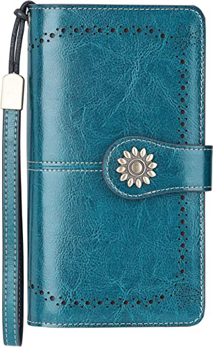 Lavemi Womens Large Capacity Genuine Leather RFID Blocking Wallets Wristlet Clutch Card Holder(1- Peacock Blue)