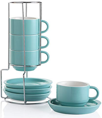 SWEEJAR - Juego de 4 tazas de café de porcelana con platillos, 4 onzas, apilables, con soporte de metal para café, latte, té, color turquesa