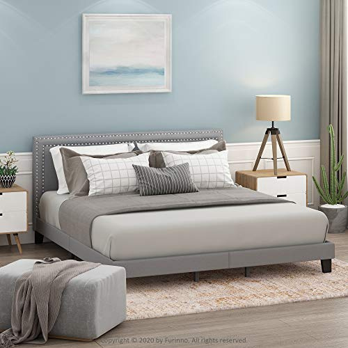 Furinno LAVAL Bed Frame, UK Super King Size Bedframe with Double Row Nail Head Headboard, Upholstered Bed with Legs, 12pcs Wooden Slat Support, Easy Assembly, for Bedroom, Dorm, Glacier