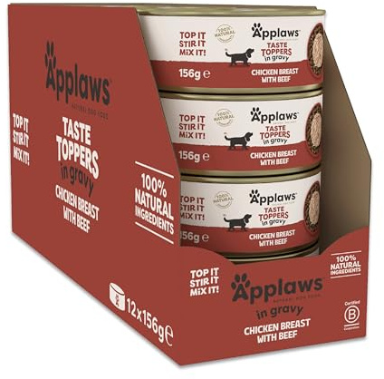 Applaws Premium naturligt våtfoder för hundar, spannmålsfri kyckling med nötkött i sås 12 x 156 g burk