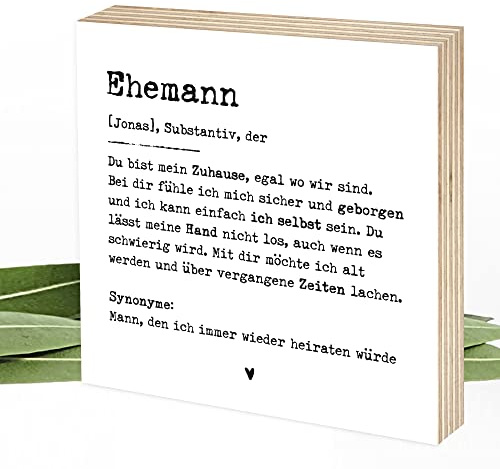 Wunderpixel® personalisiertes Holzbild Definition Ehemann - 15x15x2cm zum Hinstellen/Aufhängen, echter Fotodruck mit Spruch auf Holz - schwarz-weißes Wand-Bild Aufsteller Zuhause Büro zur Dekoration