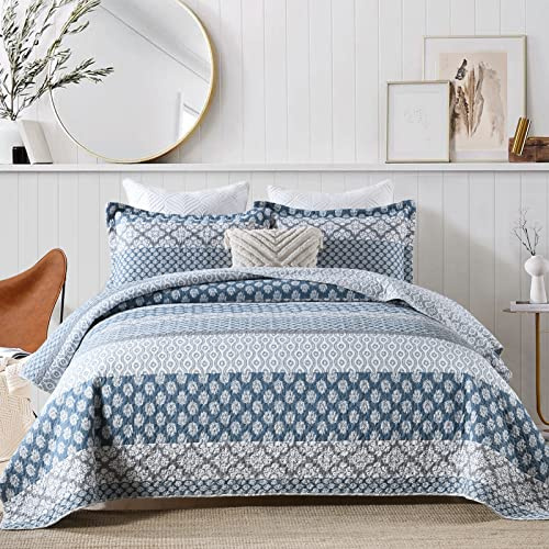 SahSahCasa Quilt King Size, King Size, Quilt Set, 100% Baumwolle Floral Quilt, King Quilt Bettwäsche-Set, Tagesdecken, Patchwork, wendbar, leicht, Bettdecke für alle Jahreszeiten, Blau/Grau, 3-teilig