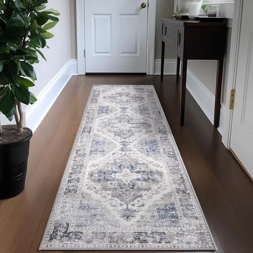 TOPICK Läufer Flur Waschbar Grau Küche Läufer Vintage Blume Orientalischer Dünner Faltbar Teppich für Brücken Schlafzimmer Wohnzimmer Tisch rutschfest Teppichläufer Flurteppich 60x210cm