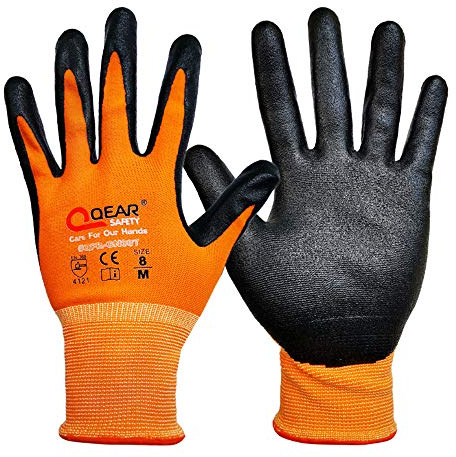 QEARSAFETY Lot de 12 paires de gants de sécurité pour mécanicien à usage général, doublure orange sans couture, revêtement en caoutchouc nitriler, résistance à l'huile, à l'abrasion, ajustement