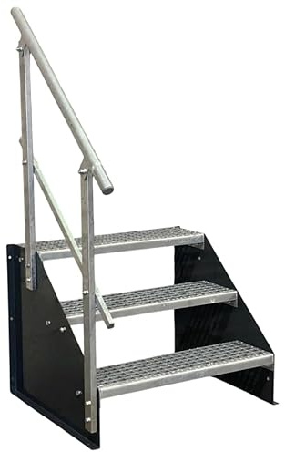 SRM Design 3 Stufen Standtreppe Stahltreppe Wangentreppe Gitterrosttreppe Außentreppe Industrietreppe freistehend Breite 90cm Höhe 63cm anthrazit einseitiges Geländer