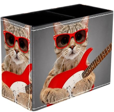 VAPOKF Stifthalter mit roter Sonnenbrille und Katze, die Gitarre spielt, für den Schreibtisch, 2 Fächer, Stiftehalter, Make-up-Pinsel, Aufbewahrung, Schreibtisch, Schreibwaren, Organizer für Home