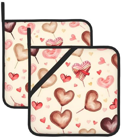 OPSREY Handbemalte Topflappen mit Herzdruck, hitzebeständig, mit Tasche, wasserdicht, Topflappen zum Kochen, Backen, Ofen, Grillen, Einweihungsgeschenk, 2 Stück