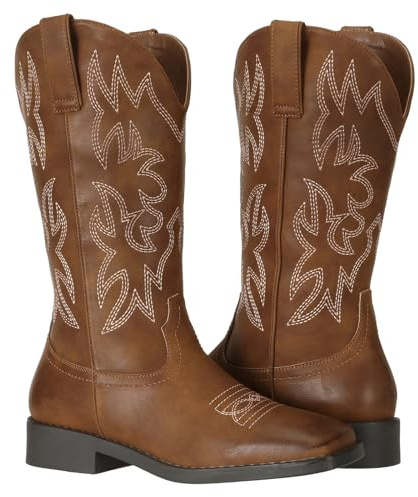 SheSole Womens Cowboy Boots Square Toe Mid Wide Calf Ladies Cowgirl Boots Tan UK SIZE 5