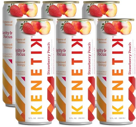 KENETIK Caffeine-Free Focus Drink – Brain Fuel for Mental Clarity and Cognitive Endurance, Sugar-Free, Bioidentical Ketones (D-BHB), 12oz – 6 Pack, Strawberry Peach