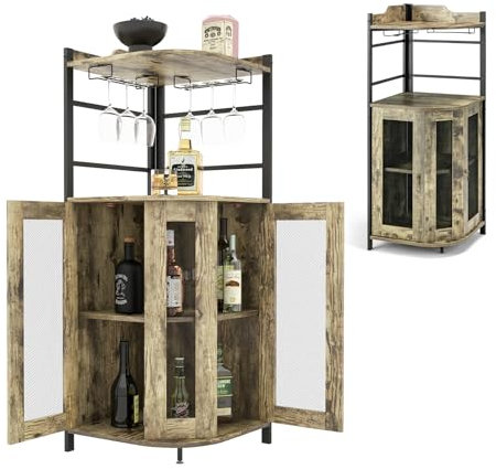 KOMFOTTEU Barschrank mit verstellbarem Regal, Eckschrank Holz mit Glashalter & Metallgittertüren, Weinschrank Barwinkel für Küche, Wohnzimmer, Esszimmer, 46 x 46 x 130 cm (Industriel)