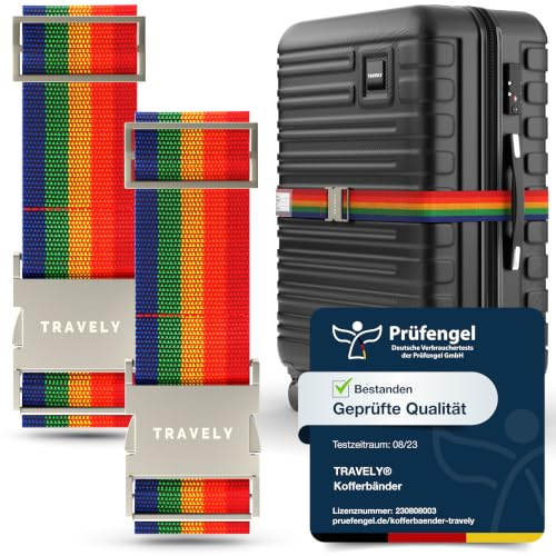 TRAVELY Premium Koffergurt mit Metallschnalle [2er Set]- Besonders Edel & Auffällig - sehr robust I inklusive Namensschild - Passend für Handgepäck bis Übergröße, Kofferband Gurt, kofferband